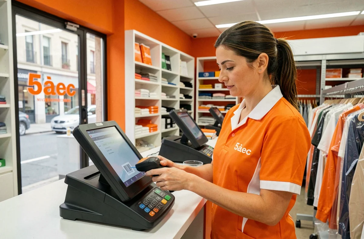 Employée de 5àsec Neuilly-sur-Seine en uniforme orange scannant une étiquette de vêtement au comptoir moderne