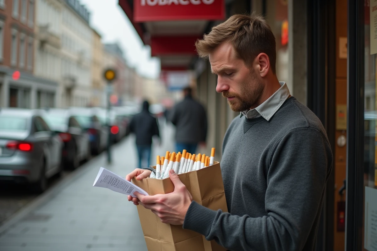 Homme sortant d'un tabac luxembourgeois avec des cartouches de cigarettes et consultant son ticket de caisse