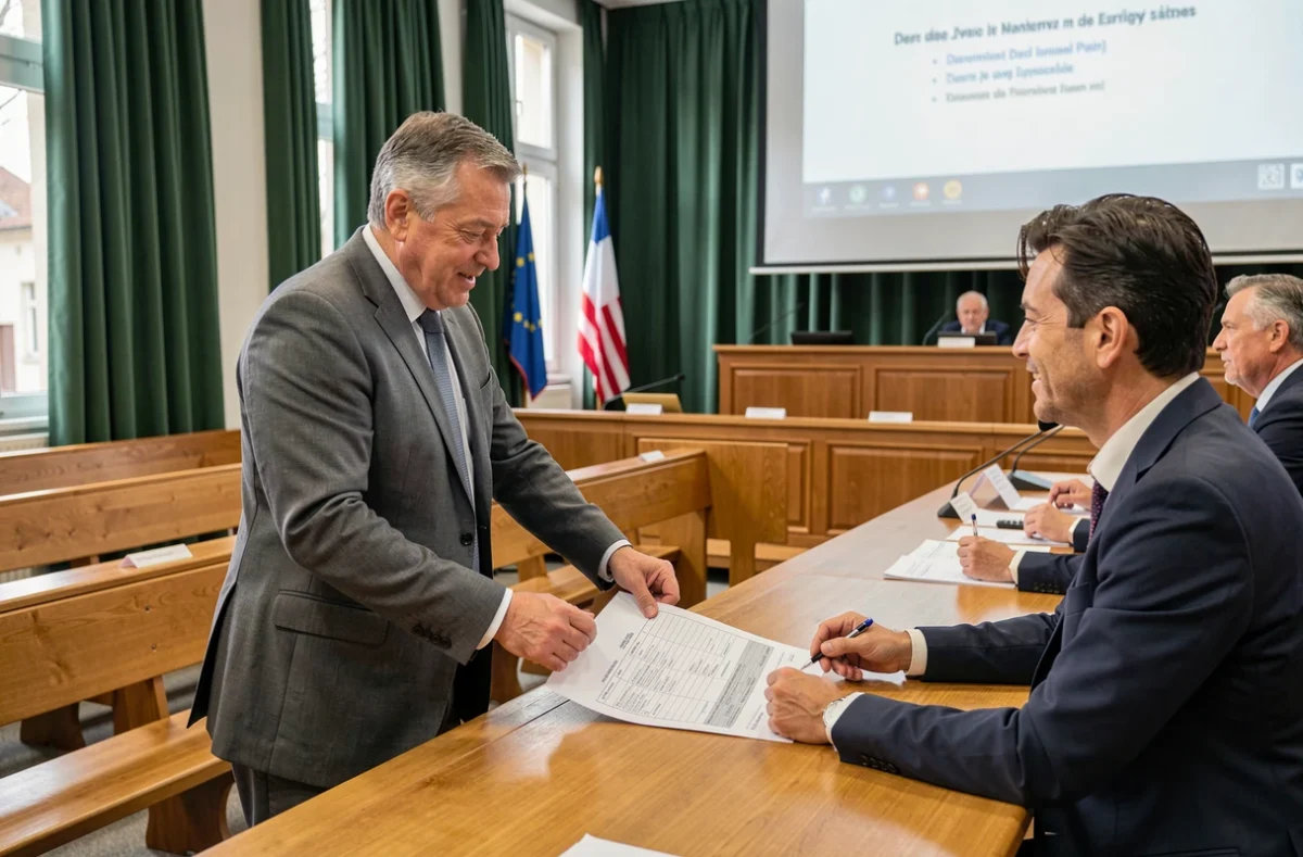 Élu municipal consultant un budget en salle de conseil municipal avec des collègues
