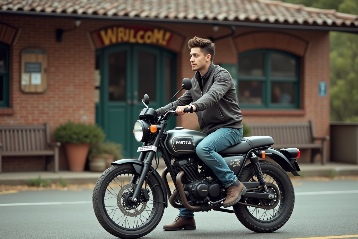 Adolescent à moto devant un café rural dans un décor champêtre