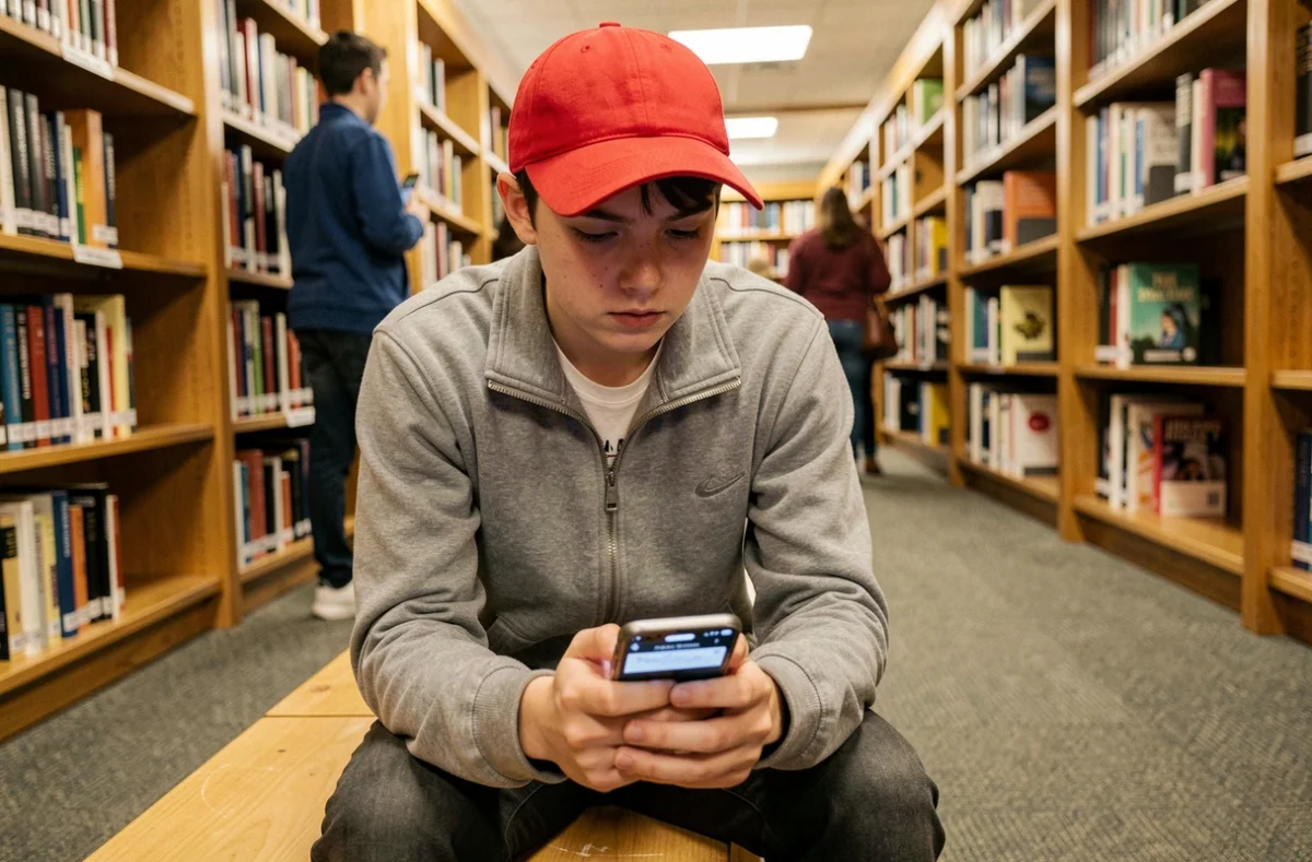 Adolescent suivant la sortie des scans de One Piece sur smartphone dans une bibliothèque publique