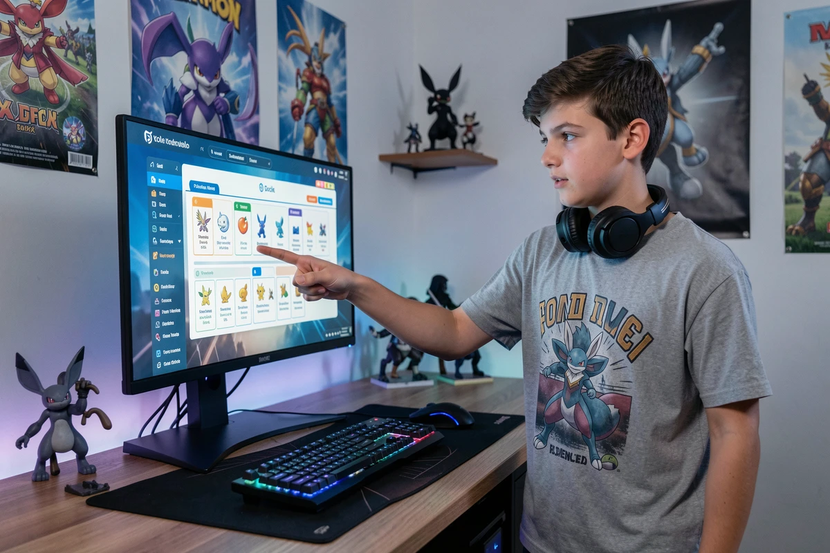 Adolescent montrant une fiche d'évolution Pokémon sur un grand écran dans une salle de gaming décorée