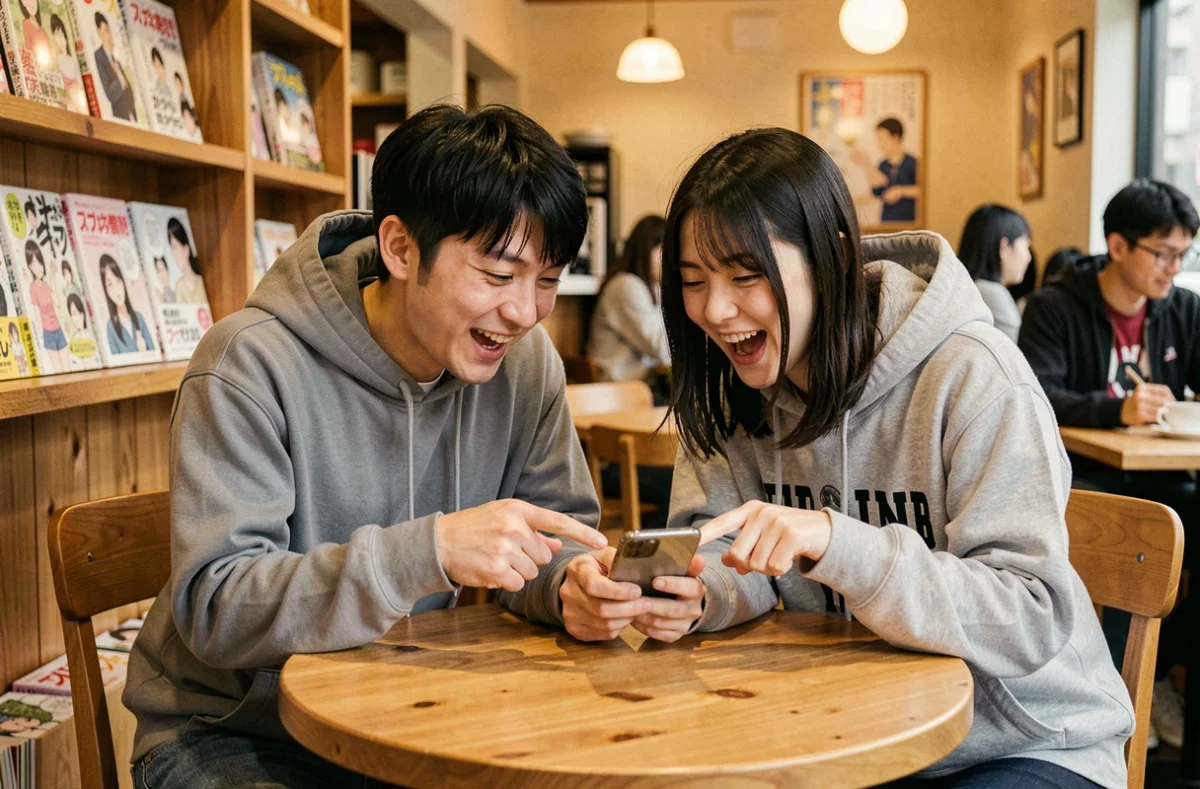 Deux amis lisant ensemble un scan One Piece sur smartphone dans un café manga