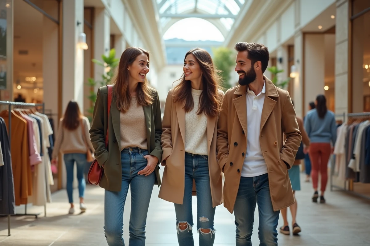 Amis riant en faisant du shopping à Montpellier