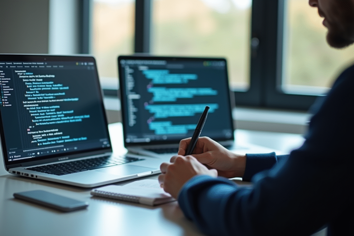 Personne analysant deux écrans d'ordinateur portables en journée