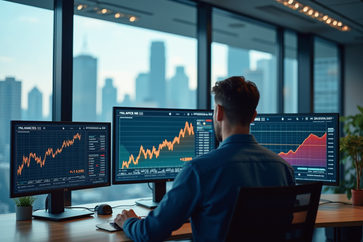 Analyste financier dans un bureau moderne avec graphiques colorés