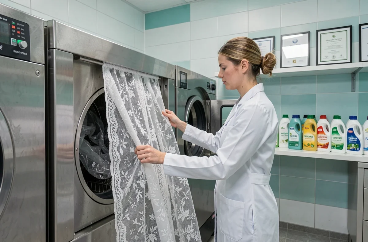 Technicienne d'Aqua Pressing à Versailles plaçant un rideau en dentelle dans une machine de nettoyage aqueux écologique