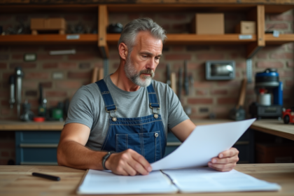 Artisan en bleu examinant des documents d'assurance dans son atelier