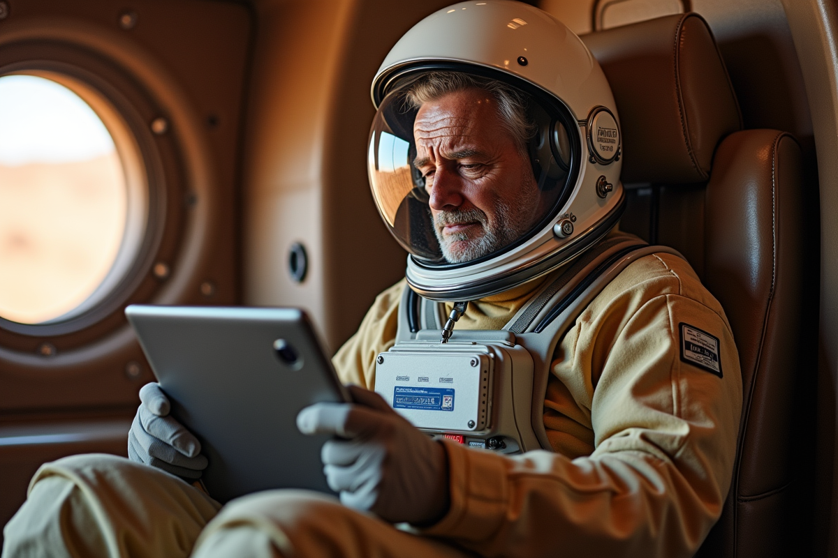 Astronaute homme dans habitat martien avec tablette