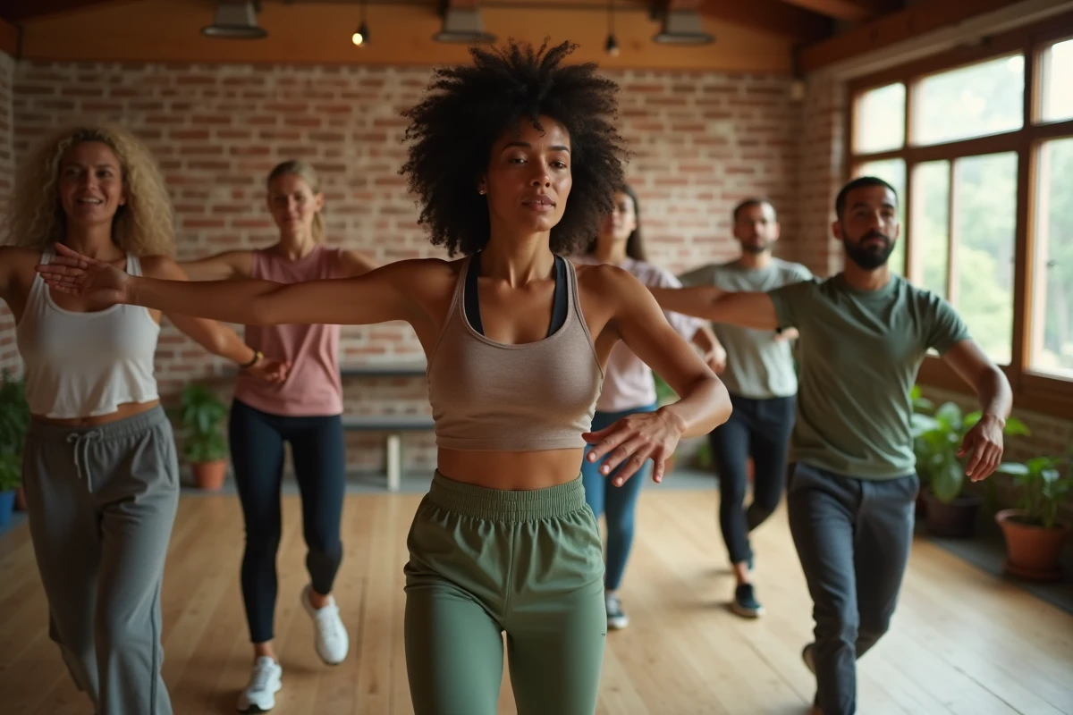 Atelier de zouk thérapeutique en salle communautaire, groupe d'adultes guidé par une instructrice, mouvement collectif et bien-être