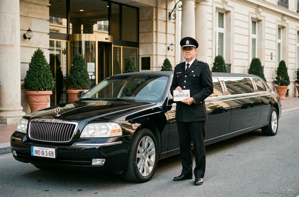 Chauffeur en uniforme officiel debout devant une limousine noire d'Atlantic Limousine à l'entrée d'un hôtel de Nantes
