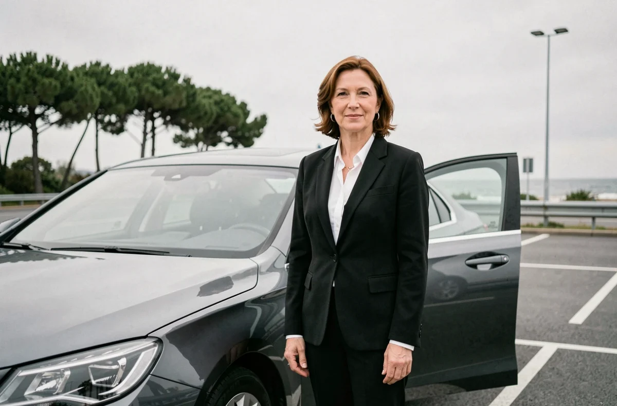 Chauffeuse professionnelle d'Atlantic VTC debout à côté d'une berline gris foncé sur une aire de repos en Loire-Atlantique