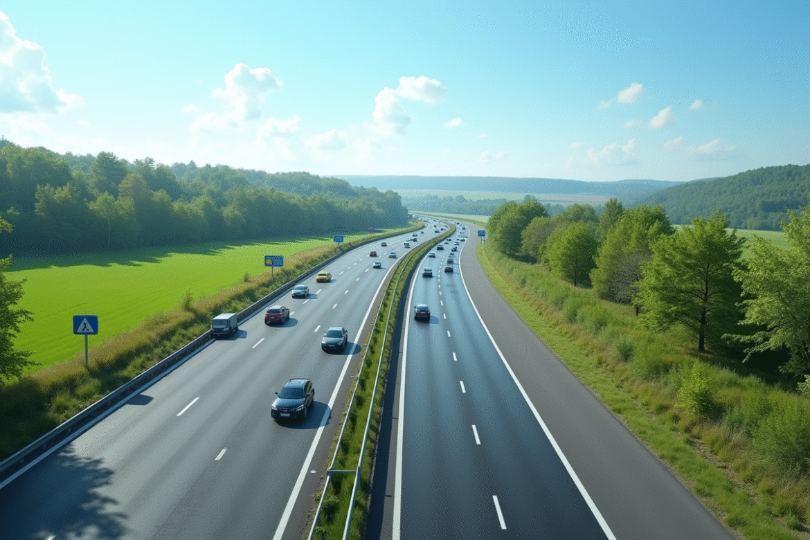 Autoroute moderne en campagne avec voitures et panneaux en français