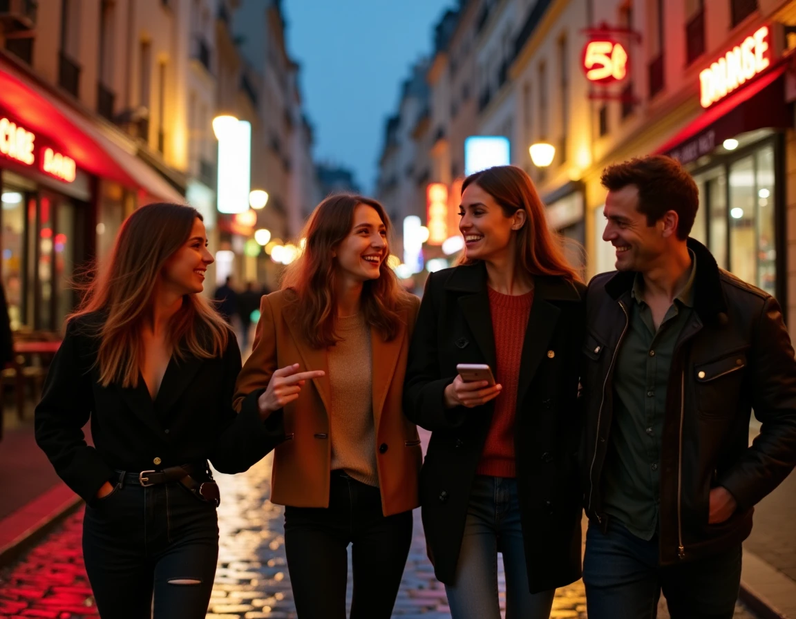 Groupe d'amis se promenant dans les rues du Marais à Paris pour une soirée festive