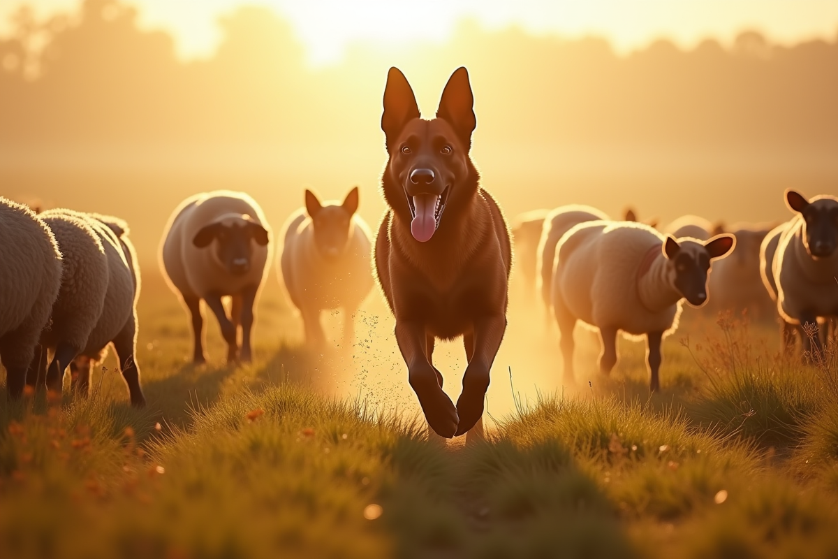 Malinois berger herde un troupeau de moutons en plein air