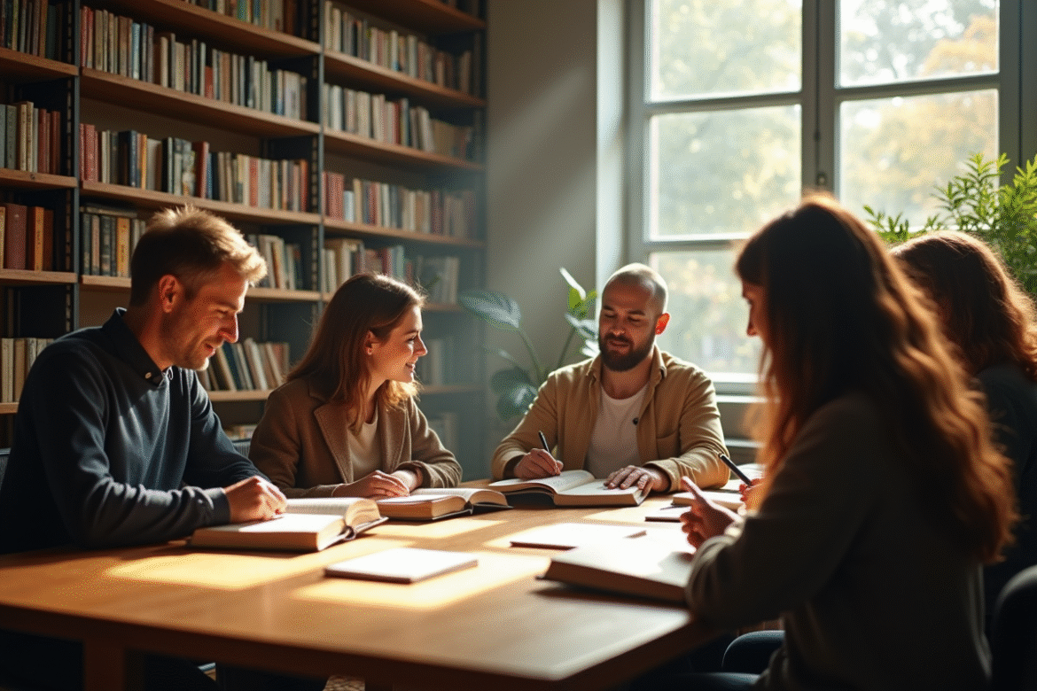 Intérieur d'une bibliothèque moderne lumineuse avec lecteurs