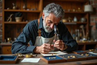 Bijoutier examinant un poinçon sur une bague en or à la loupe dans un atelier traditionnel