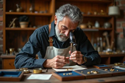 Bijoutier examinant un poinçon sur une bague en or à la loupe dans un atelier traditionnel