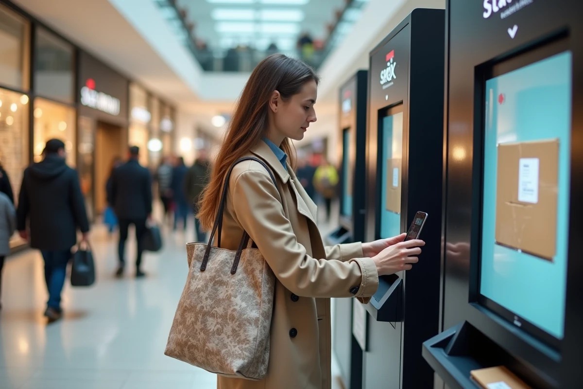 Jeune femme utilisant une borne automatique Mondial Relay dans un centre commercial pour envoyer un colis