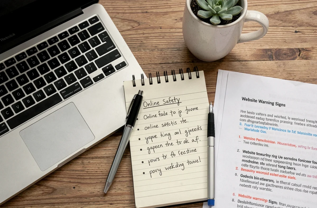 Vue aérienne d'un bureau avec ordinateur portable, notes manuscrites et conseils de sécurité en ligne pour repérer les faux sites de scans Demon Slayer