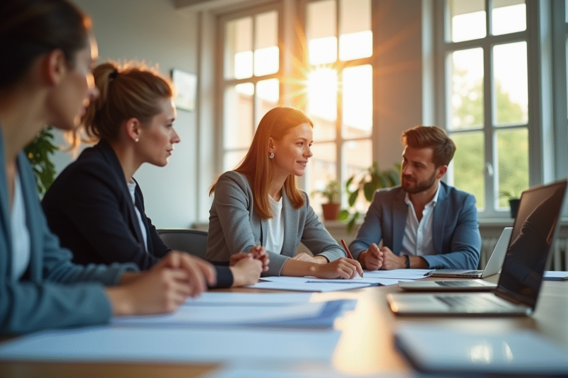 Bureau moderne en France avec professionnels collaborant