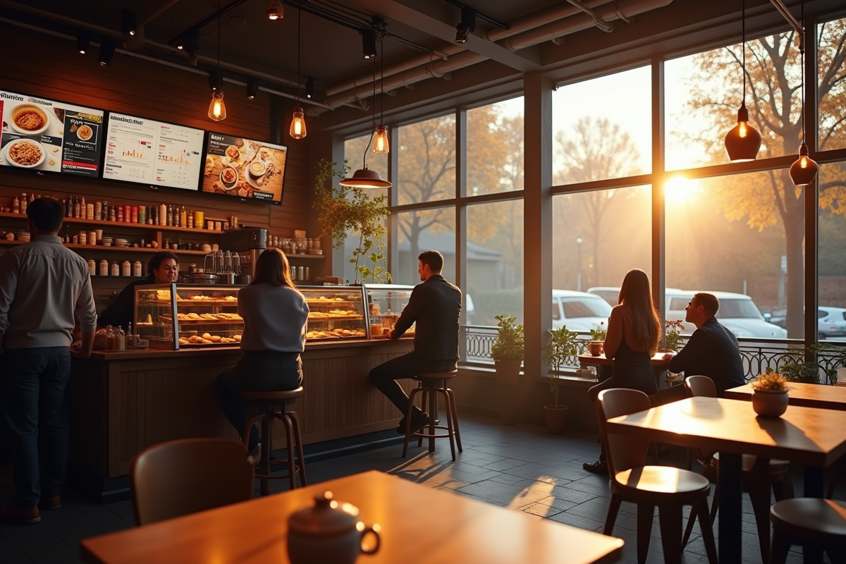 Café dynamique avec logo franchise et écrans de croissance le matin