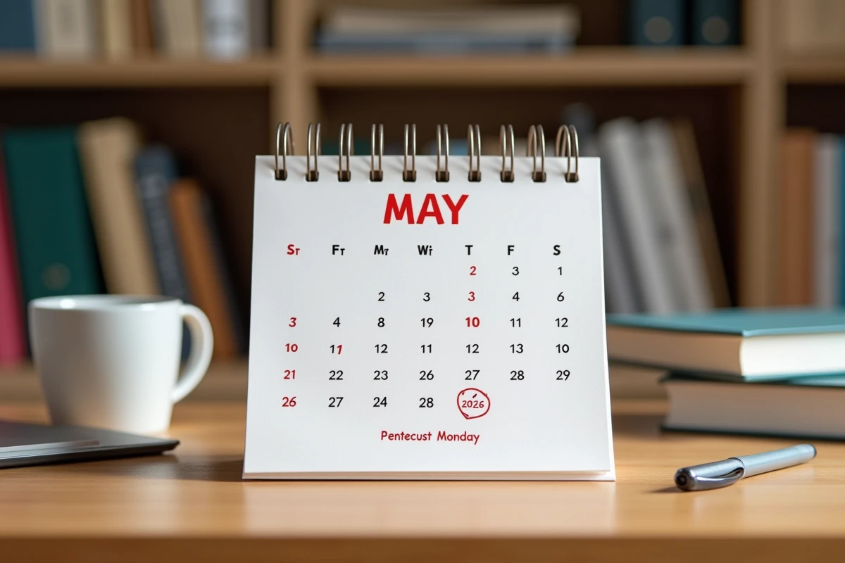 Calendrier de mai 2026 avec le lundi de Pentecôte encerclé comme jour férié sur un bureau