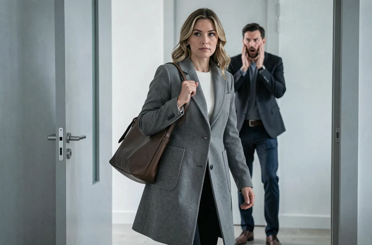Une femme quittant calmement une pièce après une conversation tendue, sac sur l'épaule et expression déterminée