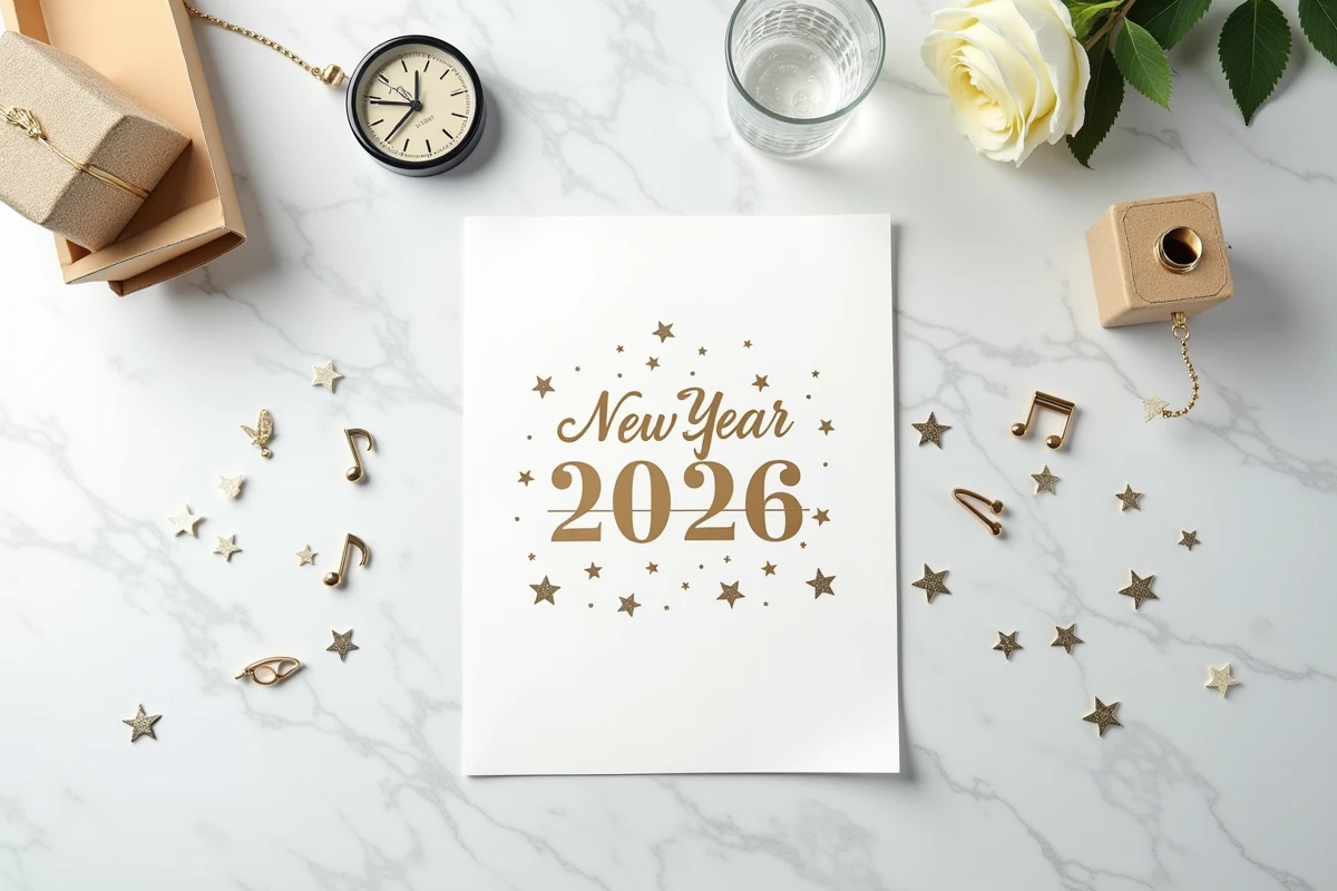 Carte bonne année 2026 avec décoration musicale et confettis posée sur marbre blanc en vue de dessus