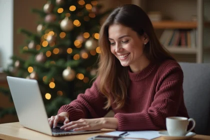 Femme envoyant une carte bonne année 2026 musicale par e-mail depuis son bureau à domicile
