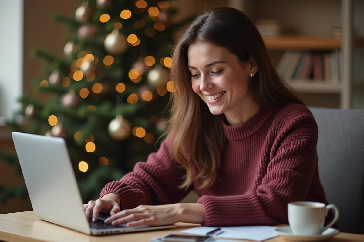 Femme envoyant une carte bonne année 2026 musicale par e-mail depuis son bureau à domicile