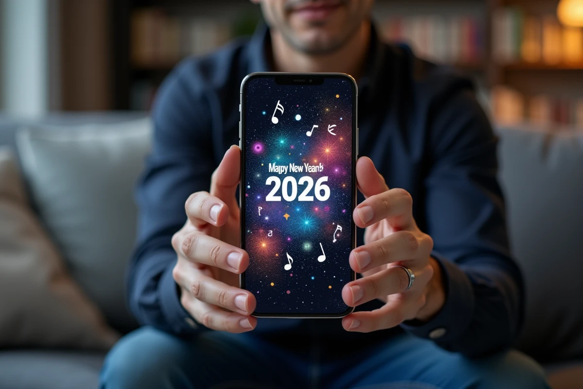 Homme visualisant une carte bonne année 2026 musicale sur son smartphone dans son salon