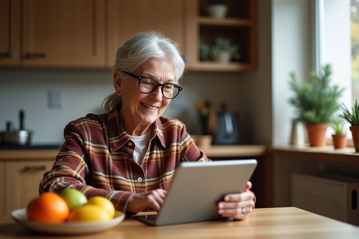 Femme âgée souriante lisant une carte bonne année 2026 musicale sur une tablette dans sa cuisine
