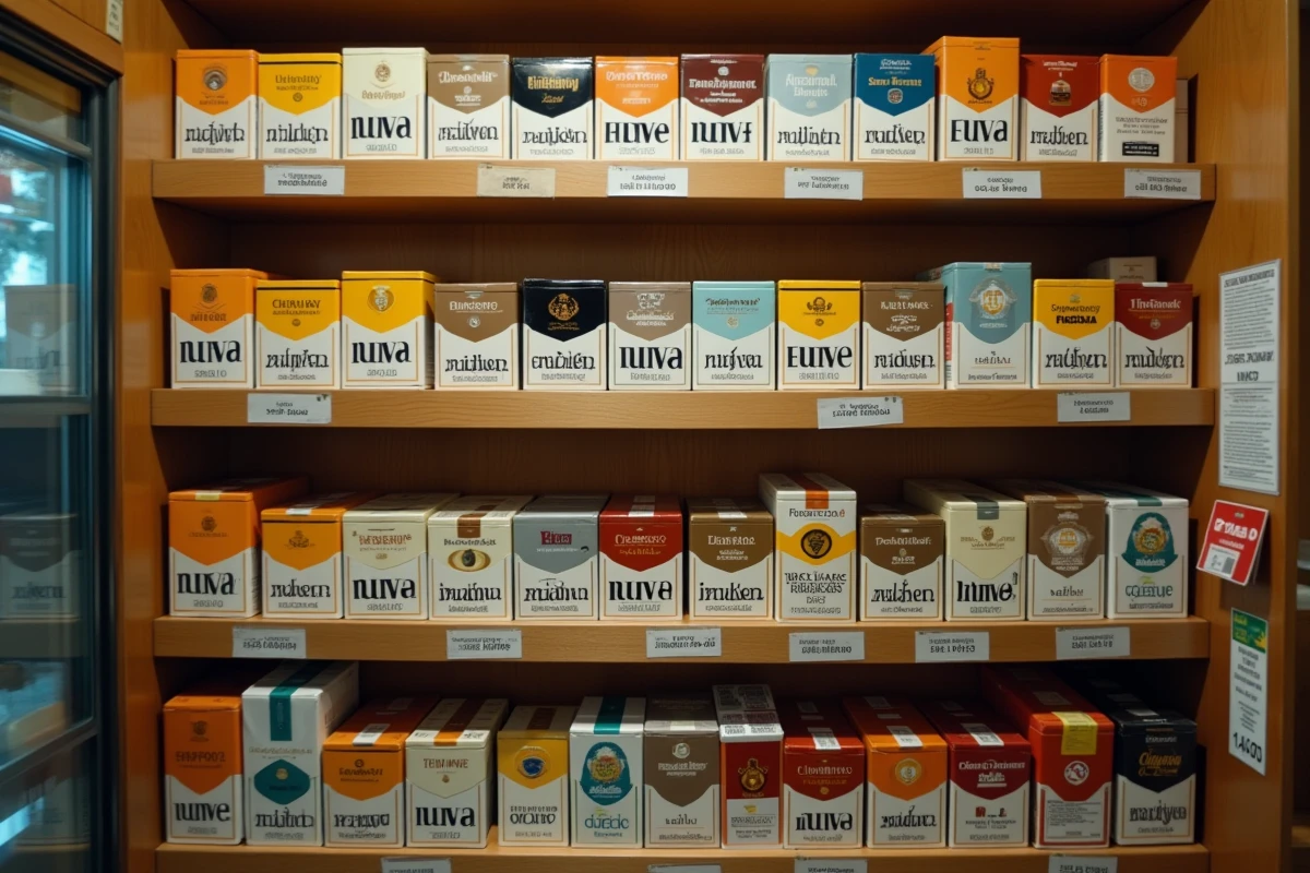 Rayons de cartouches de cigarettes blondes et brunes avec étiquettes de prix dans un tabac luxembourgeois