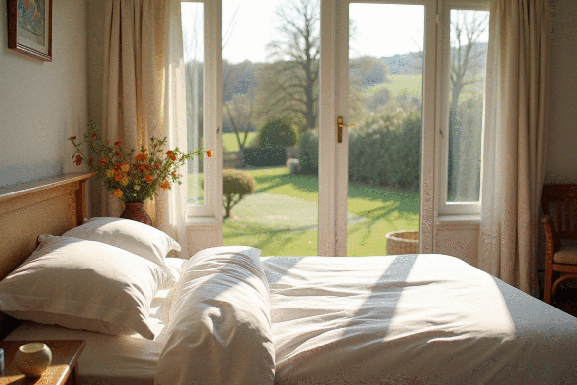 Chambre bretonne lumineuse avec lit blanc et vue jardin