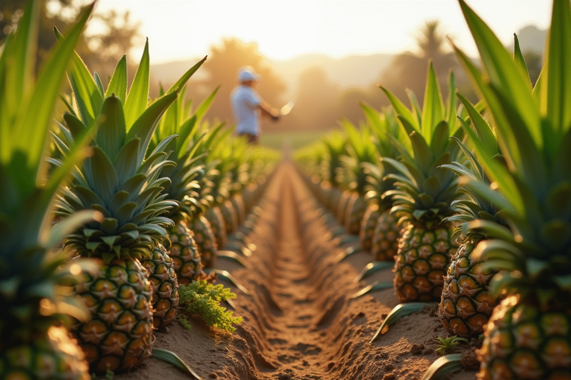 Champ d'ananas ensoleille avec travailleurs et feuilles vertes