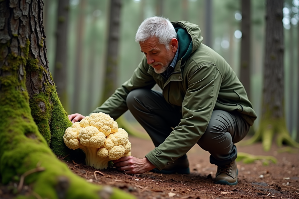 Homme dans la forêt cueillant un gros champignon cauliflower