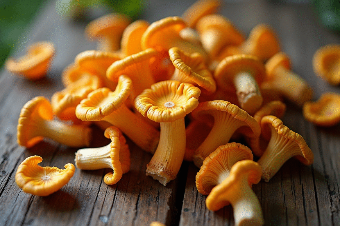 Champignons chanterelle fraîchement récoltés sur une table en bois