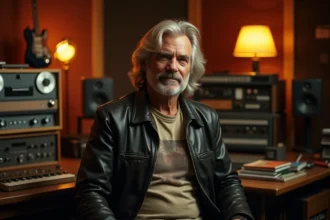 Musicien rock américain des années 70 dans un studio d'enregistrement vintage avec guitare Fender et machines à bande analogiques