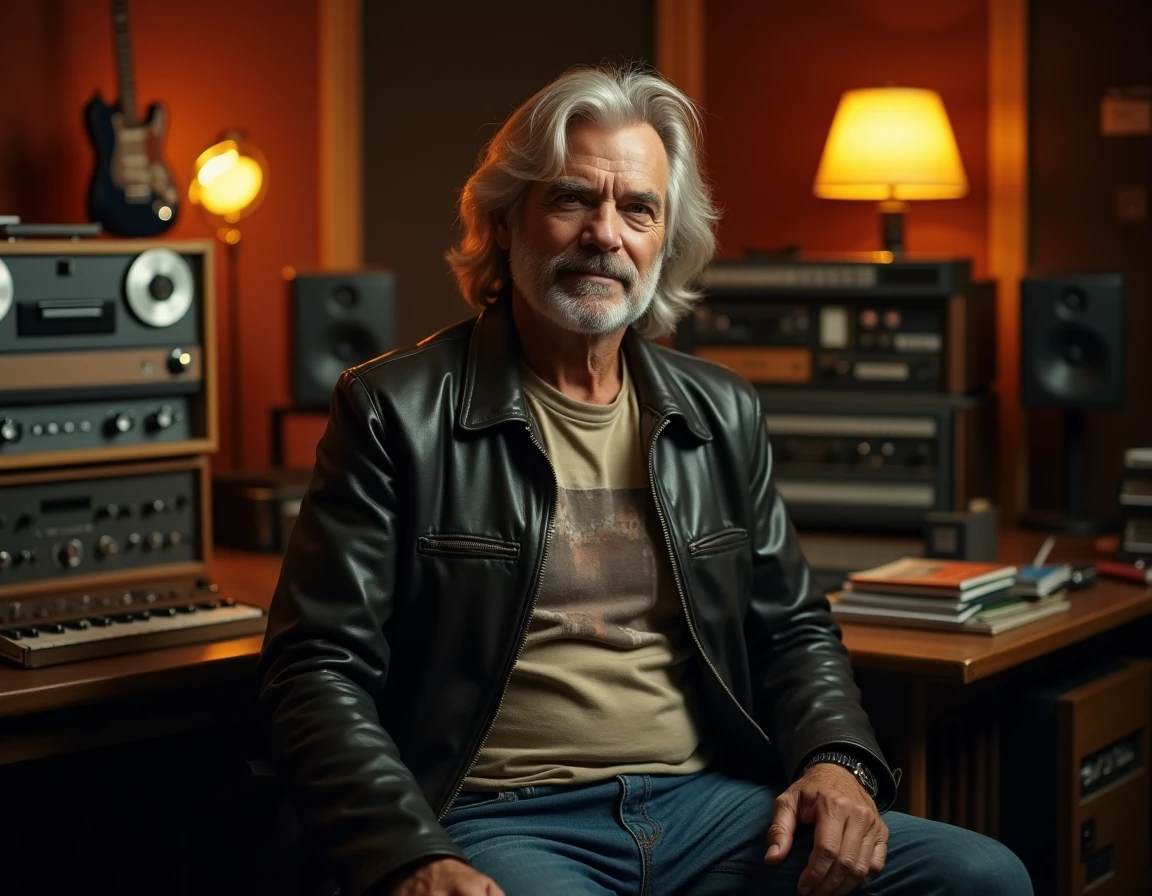 Musicien rock américain des années 70 dans un studio d'enregistrement vintage avec guitare Fender et machines à bande analogiques