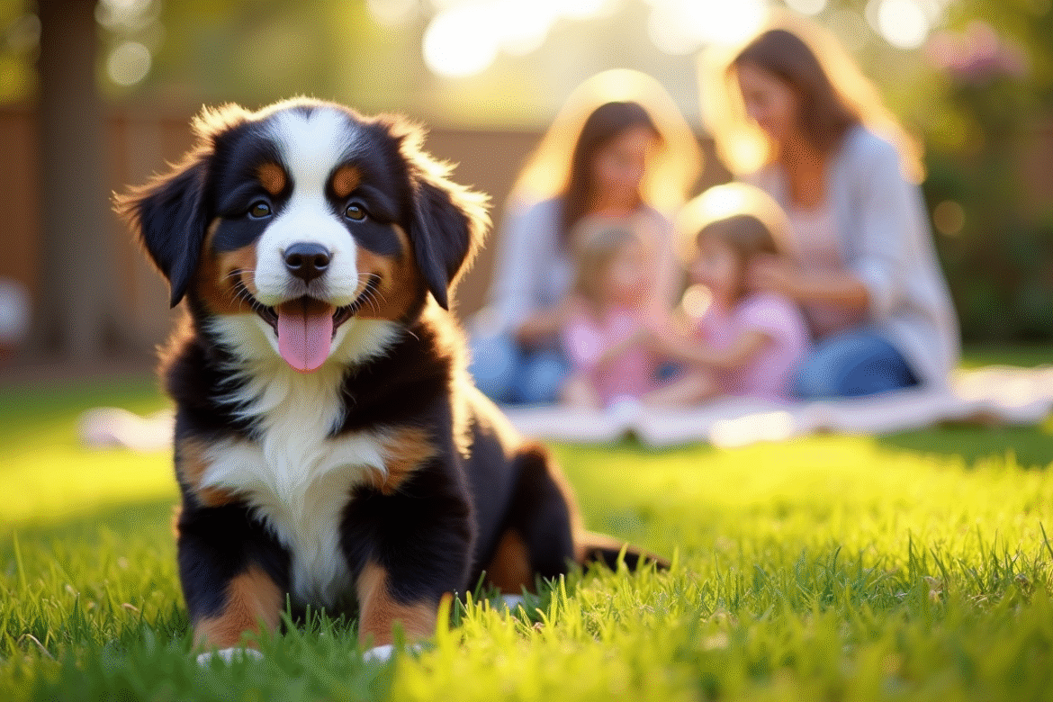Chiot bouledogue souriant sur pelouse en famille