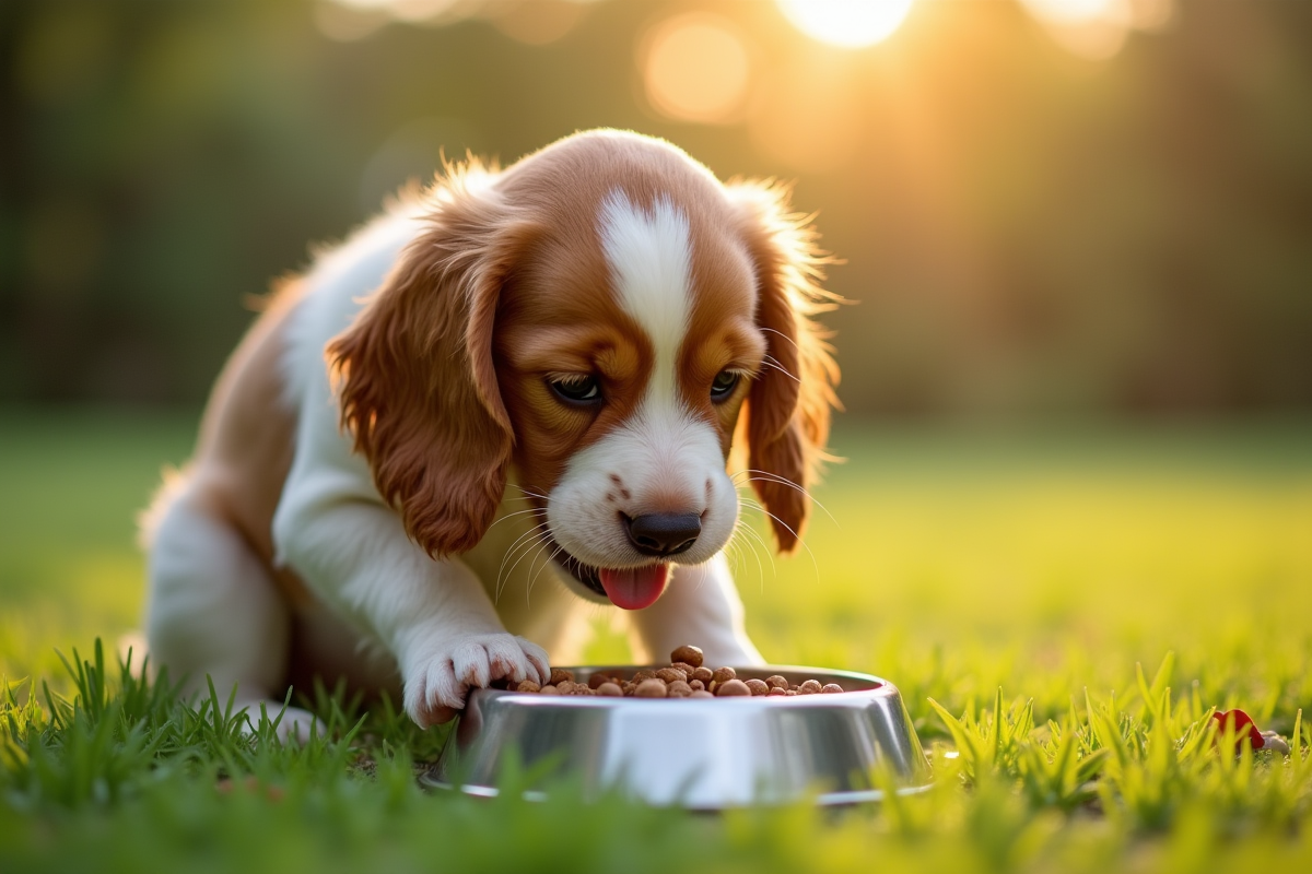 Chiot cocker dehors mangeant dans un bol en acier inoxydable