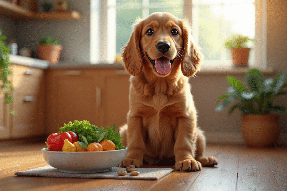 Chiot cocker spaniel heureux près d une nourriture saine