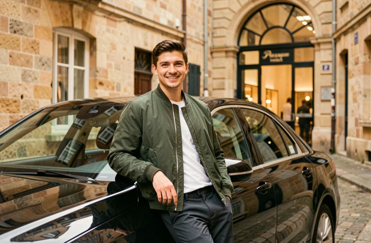Clément, chauffeur VTC indépendant, appuyé contre sa berline noire près du Passage Pommeraye à Nantes avec un sourire naturel