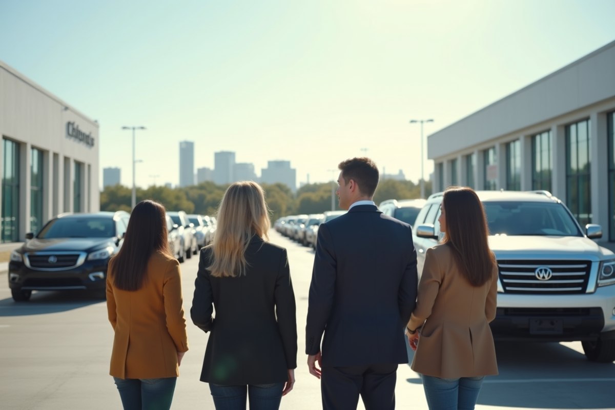 Groupe de clients automobiles devant un grand concessionnaire