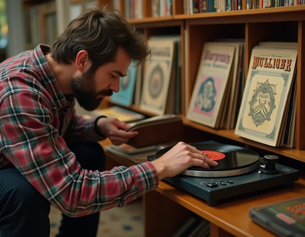 Collectionneur de vinyles années 70 et 80 dans un salon américain rétro avec tourne-disque et pochettes d'albums cultes