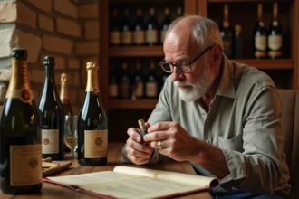 Collectionneur examinant une capsule de champagne avec une loupe pour détecter une contrefaçon