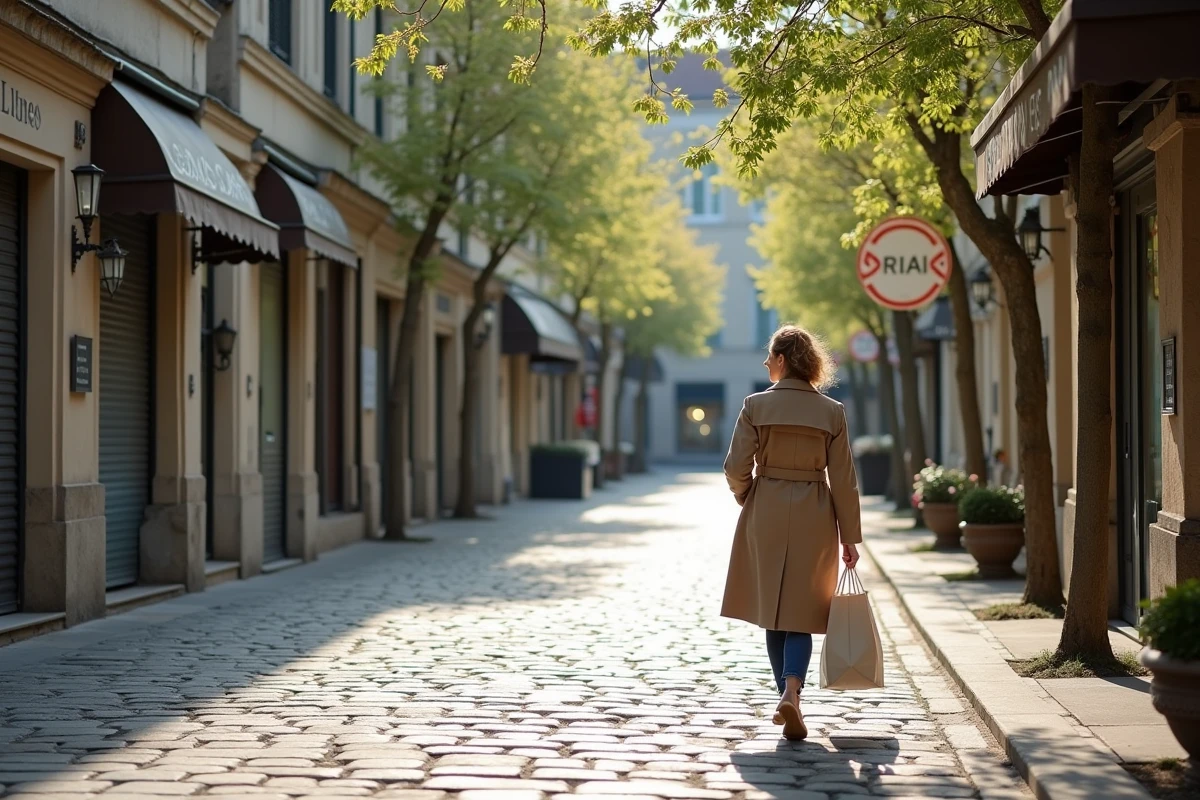 Rue commerçante déserte un lundi de Pentecôte avec commerces fermés en France