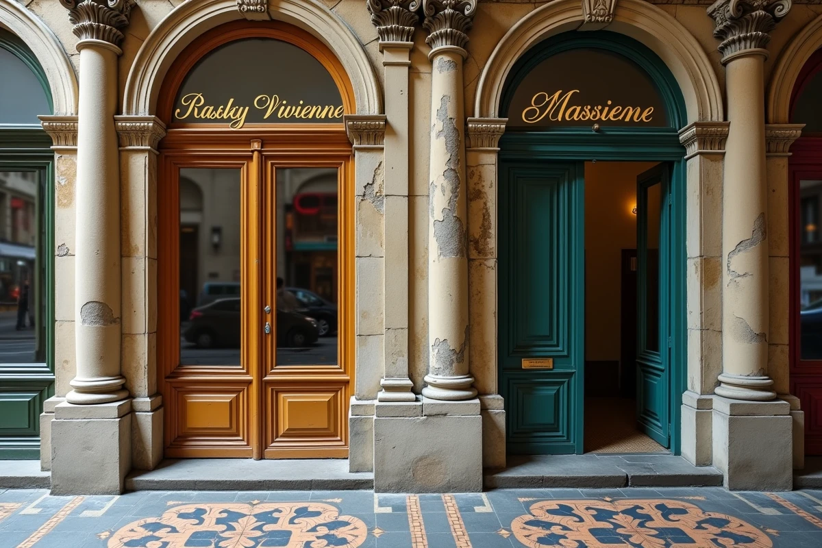 Détail architectural comparatif entre les façades ornées de la Galerie Vivienne et les devantures plus simples du Passage Vivienne à Paris