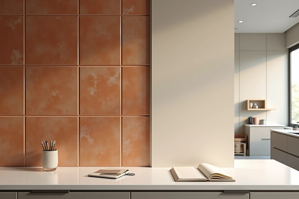 Comparaison faïence carrelage et peinture murale dans une cuisine, côte à côte lors d'un conseil en rénovation